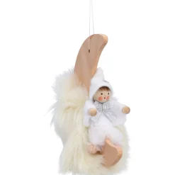 Weihnachtswichtel auf Mond, weiß, Holz-Baumbehang