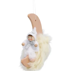 Weihnachtswichtel auf Mond, weiß, Holz-Baumbehang