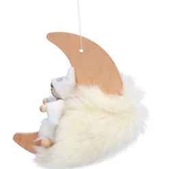 Weihnachtswichtel auf Mond, weiß, Holz-Baumbehang