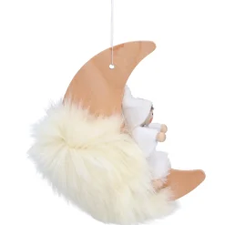 Weihnachtswichtel auf Mond, weiß, Holz-Baumbehang