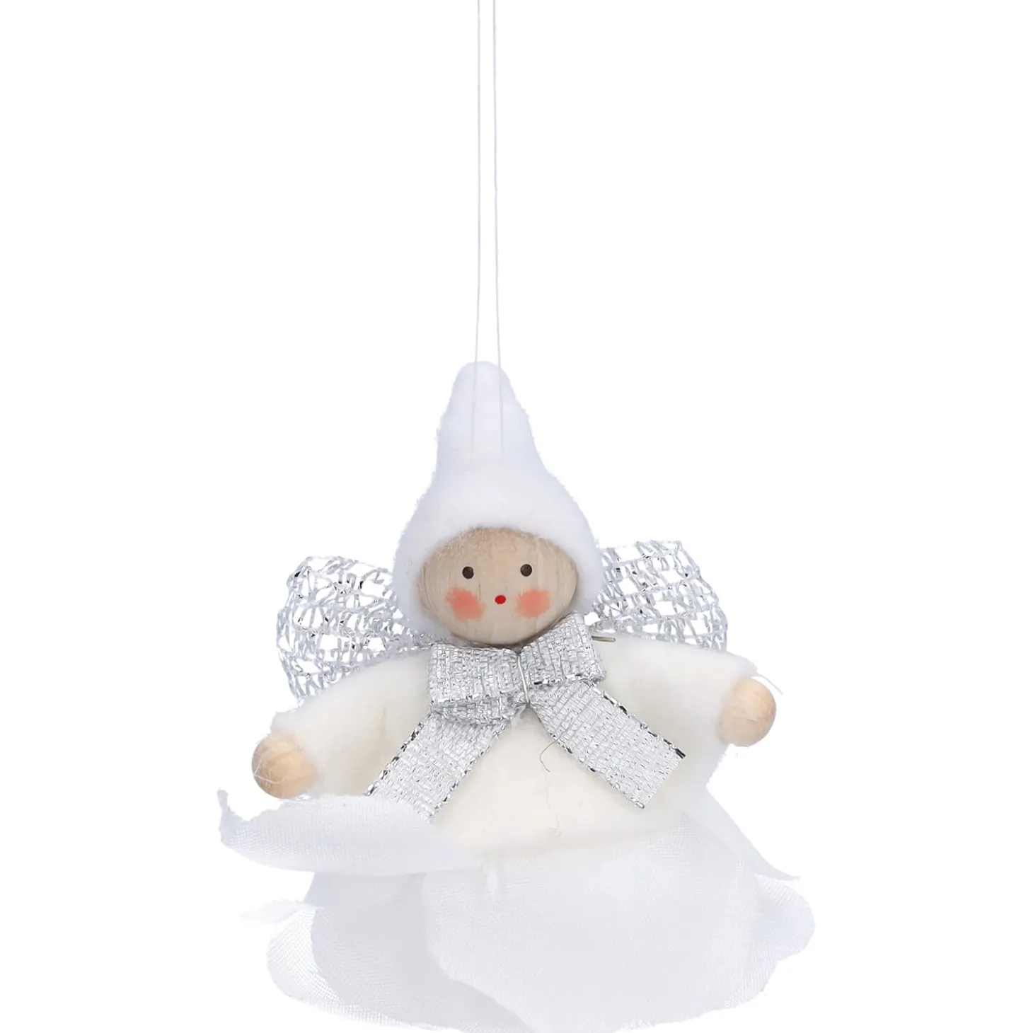 Weihnachtswichtel auf Rose, weiß, Holz-Baumbehang