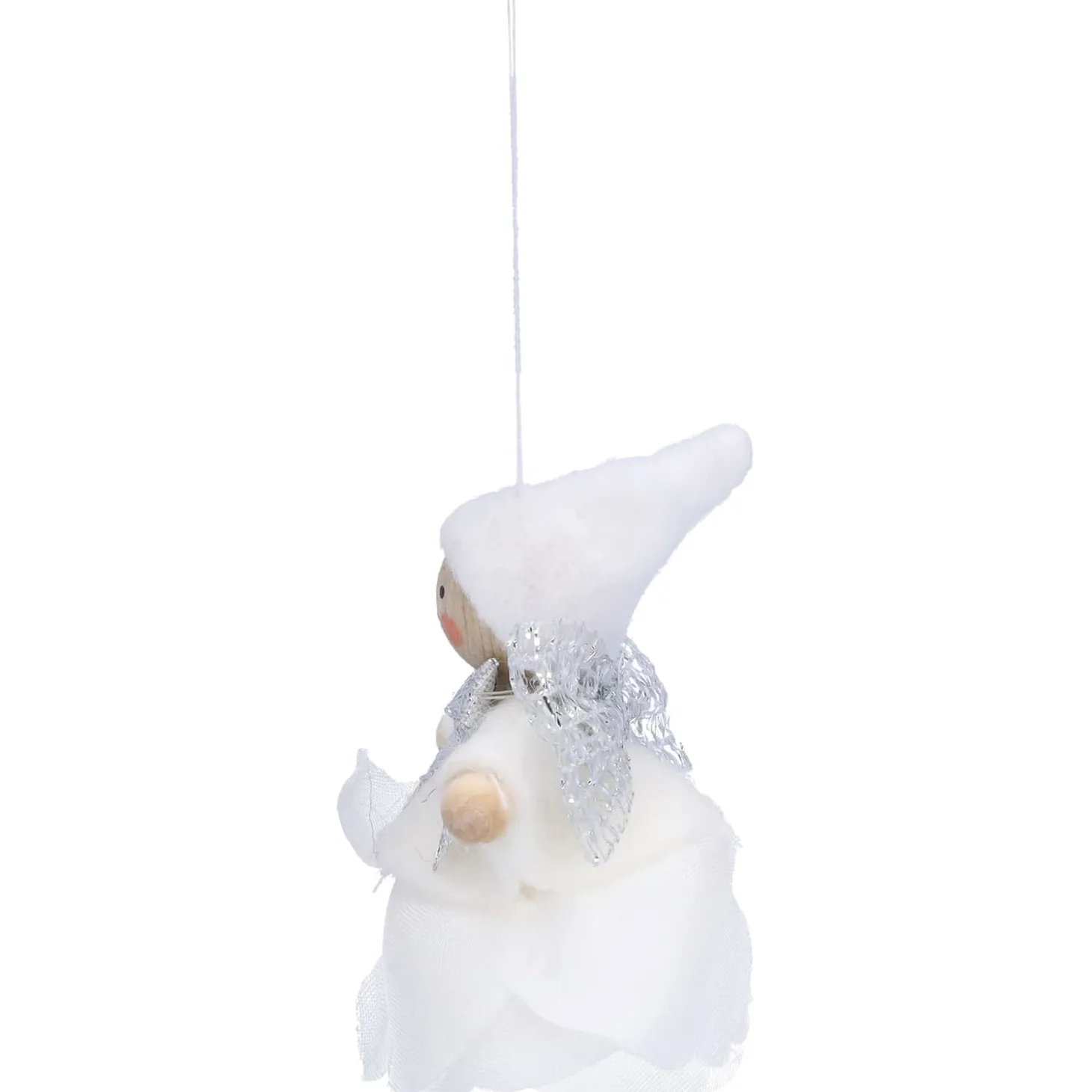 Weihnachtswichtel auf Rose, weiß, Holz-Baumbehang