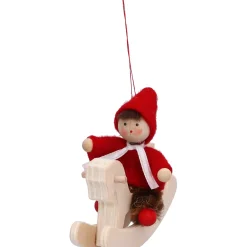 Weihnachtswichtel auf Schaukelpferd, rot, Holz-Baumbehang