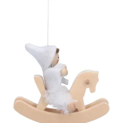 Weihnachtswichtel auf Schaukelpferd, weiß, Holz-Baumbehang