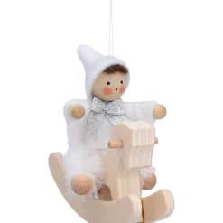 Weihnachtswichtel auf Schaukelpferd, weiß, Holz-Baumbehang