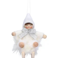 Weihnachtswichtel auf Schlitten, weiß, Holz-Baumbehang