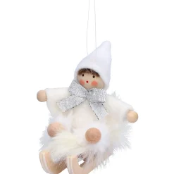 Weihnachtswichtel auf Schlitten, weiß, Holz-Baumbehang