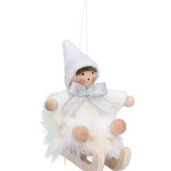 Weihnachtswichtel auf Schlitten, weiß, Holz-Baumbehang