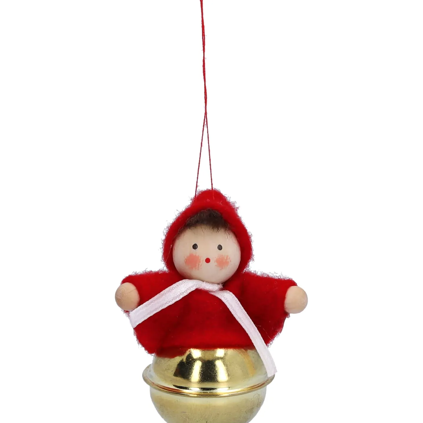 Weihnachtswichtel auf Schelle, rot, Holz-Baumbehang