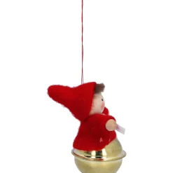 Weihnachtswichtel auf Schelle, rot, Holz-Baumbehang