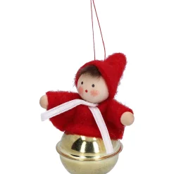Weihnachtswichtel auf Schelle, rot, Holz-Baumbehang