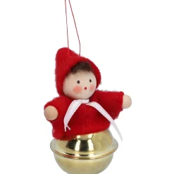 Weihnachtswichtel auf Schelle, rot, Holz-Baumbehang