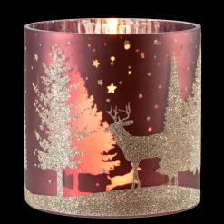 Windlicht "Hirsche im Wald", rot, 15cm